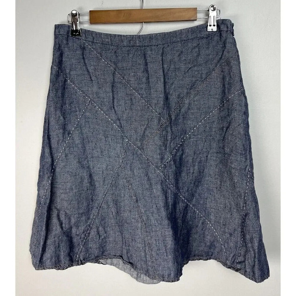 CAbi Style #930 Blue Linen Skirt Flared Topstitch Patchwork A-Line Size 8 Womens - Picture 1 of 6